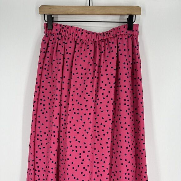 J Peterman Maxi Skirt Size 4 Pink Navy Polka Dot Print A Line Retro Tie Waist - Picture 7 of 8
